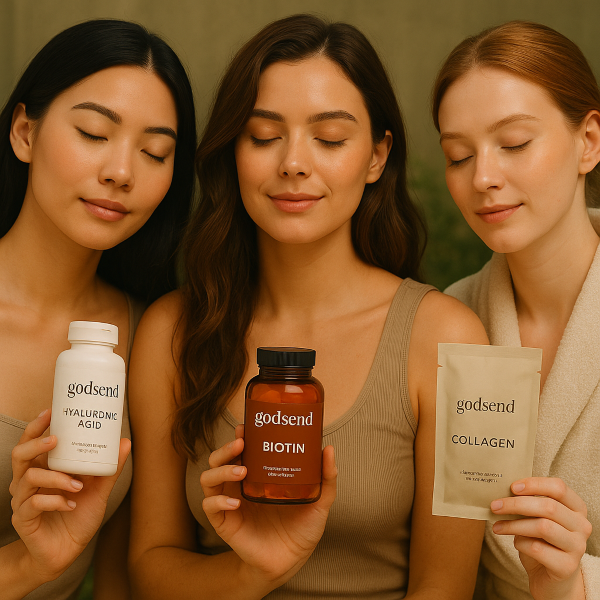 세 명의 젊은 여성이 각각 종류별 히알루론산, 비오틴, 콜라겐 제품을 들고 미소 짓고 있는 모습
