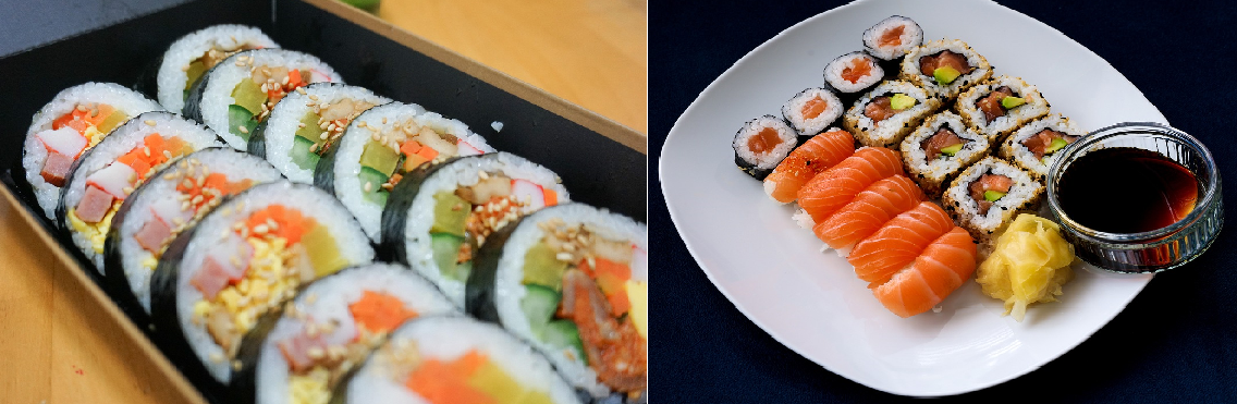 한국 김밥과 일본 스시 사진