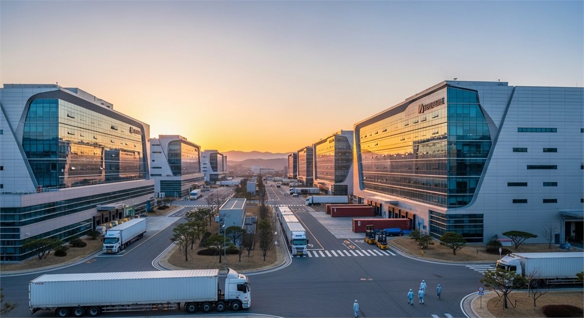 대형 반도체 생산 캠퍼스 전경을 넓게 담은 장면 