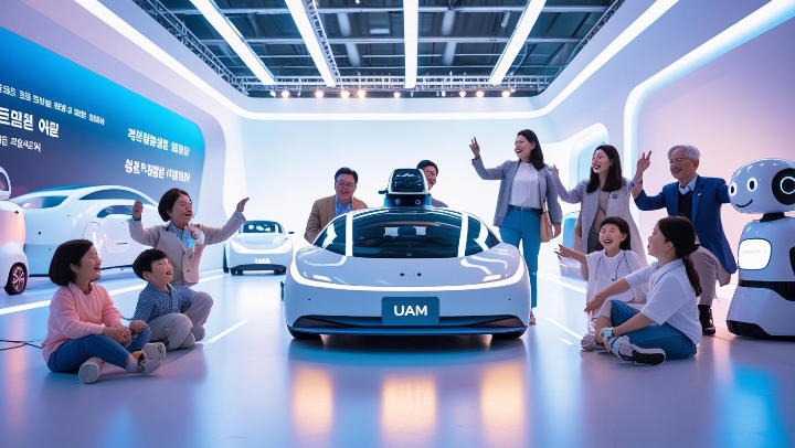 엑스포 현장에서 미래의 자동차를 관람하는 관람객들