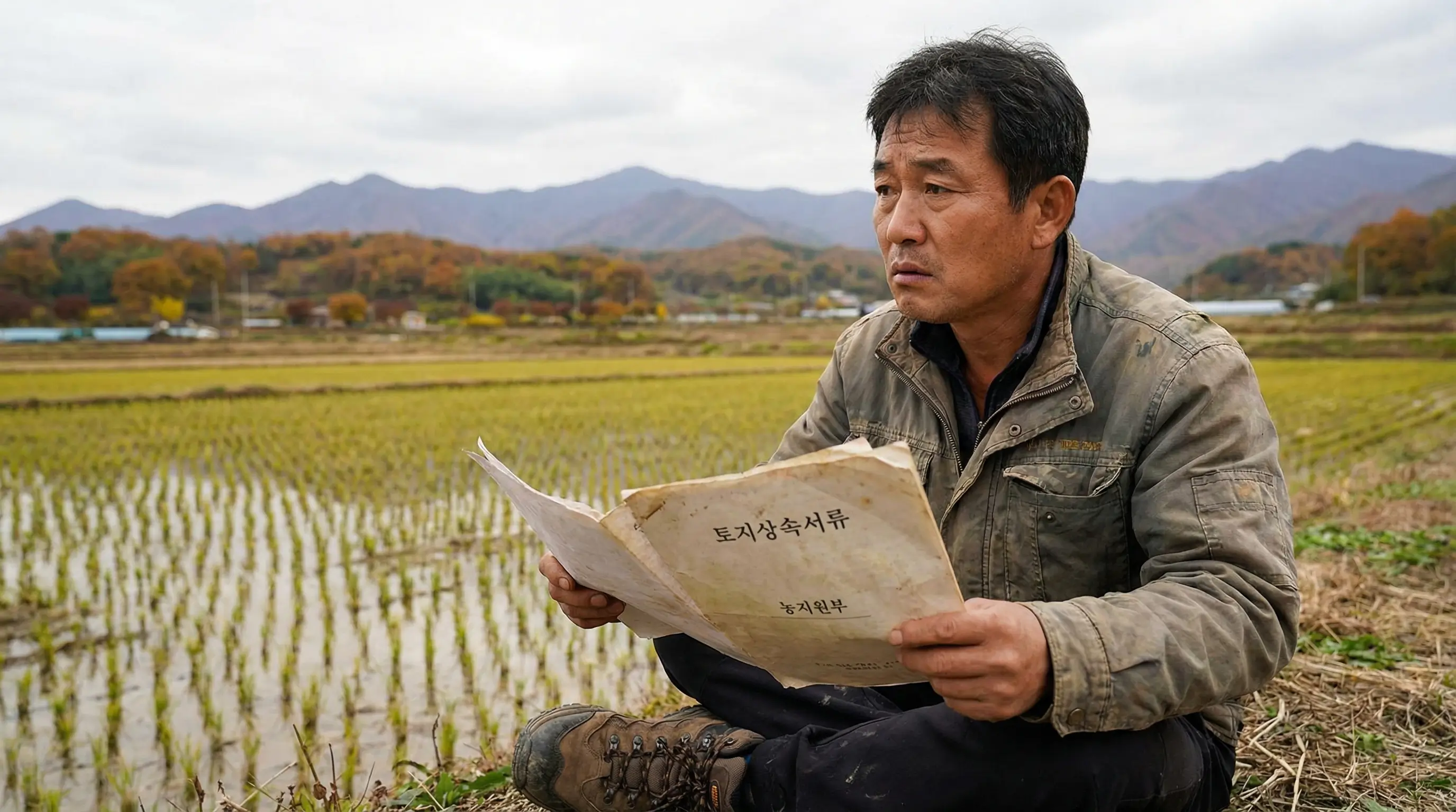 한국인 중년 남성이 시골 논밭 앞에서 상속받은 농지 관련 서류를 들고 고민하는 표정으로 먼 곳을 바라보는 모습