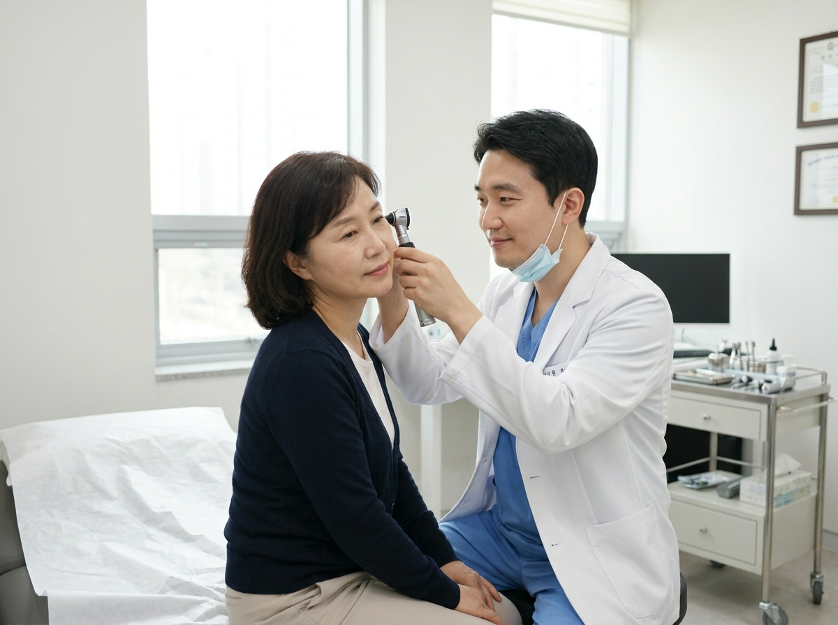 진료실에서 귀 내시경으로 환자의 귀를 살펴보는 한국인 의료진