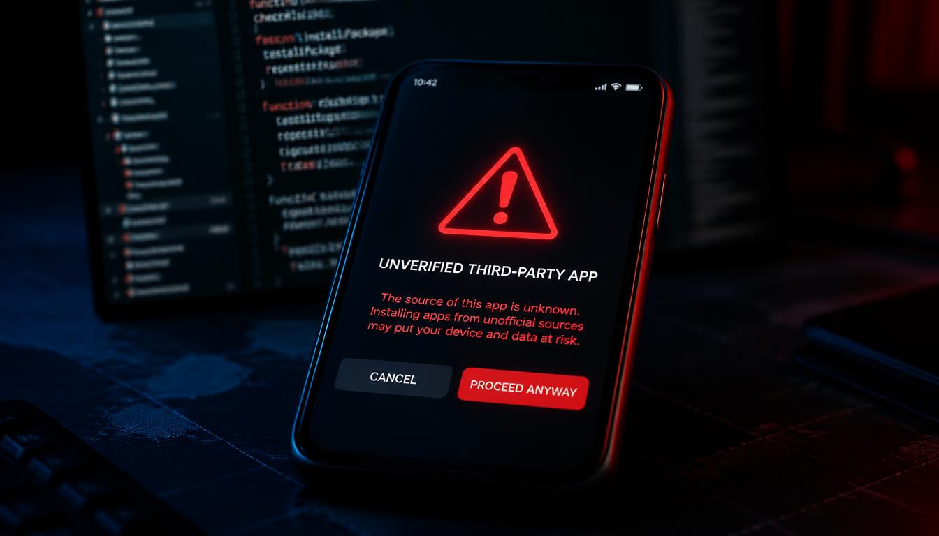 A smartphone showing cybersecurity warnings related to unverified third-party mobile extensions.