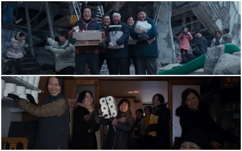 황궁아파트를 배경으로 어른들은 생필품을 들면서 웃고있고 아이들은 뛰어 다니고 있는 생존자들의 모습