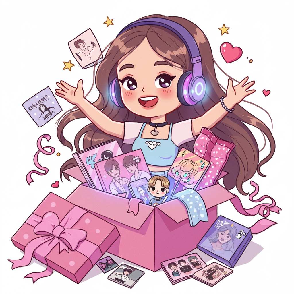 딸 선물 추천 아이디어, 아이돌 응원봉과 앨범, 포토카드로 가득한 방에서 행복하게 웃는 십대 여학생의 귀여운 일러스트, K-POP 굿즈 생일 선물 일러스트 스타일