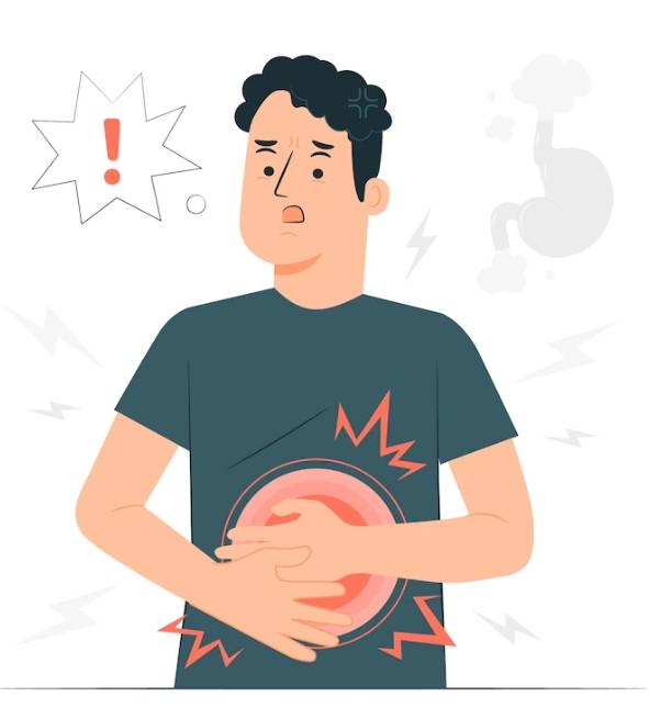 복통을 참기 위해 배를 감싸고 있는 남자 캐릭터