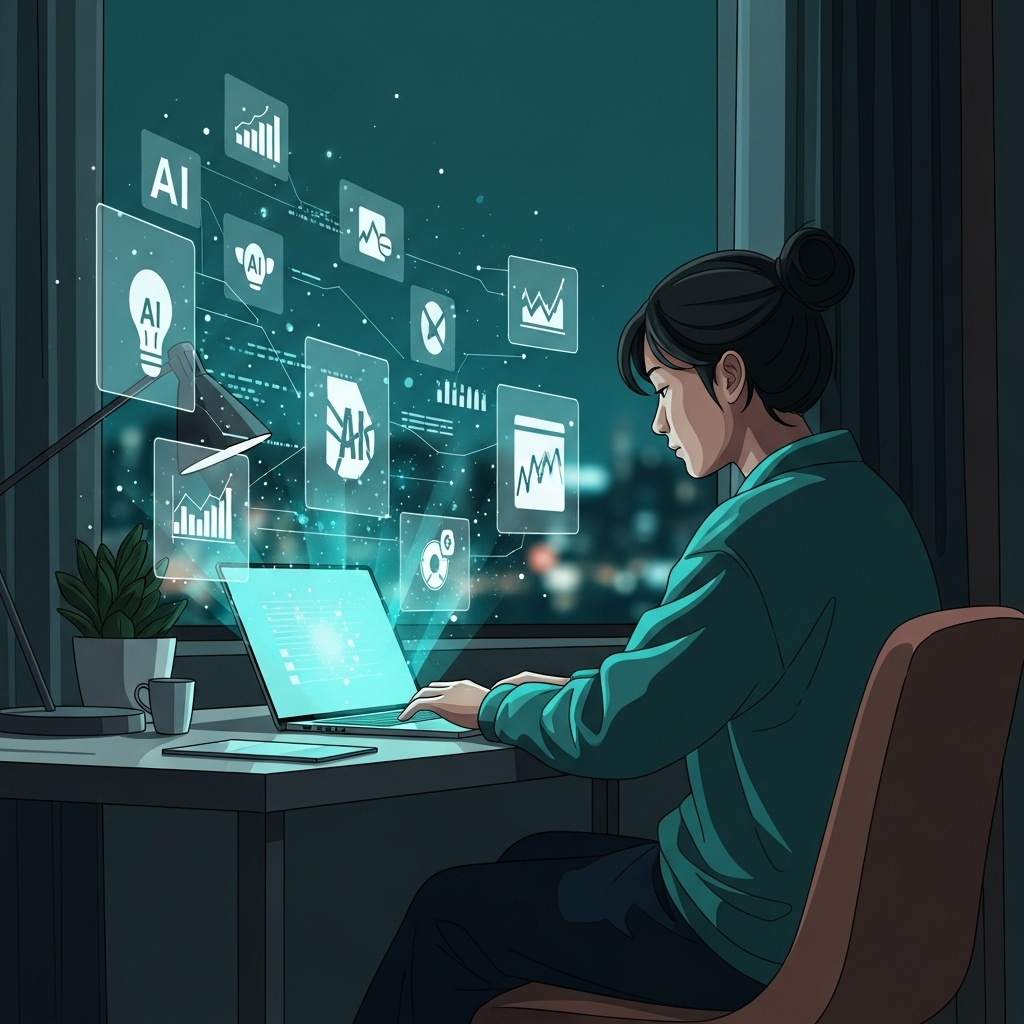 퇴근 후 AI 기술을 활용하여 1인 창업으로 월급 외 수익을 창출하는 직장인의 모습