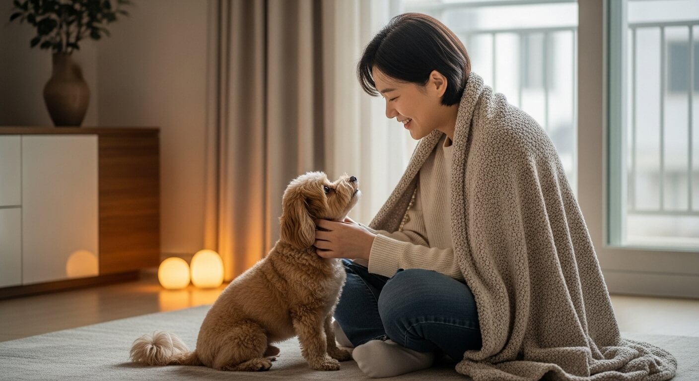 따뜻한 한국 가정집 거실에서 한 사람이 반려견과 담요를 덮고 노즈워크 장난감을 가지고 다정하게 놀고 있는 모습