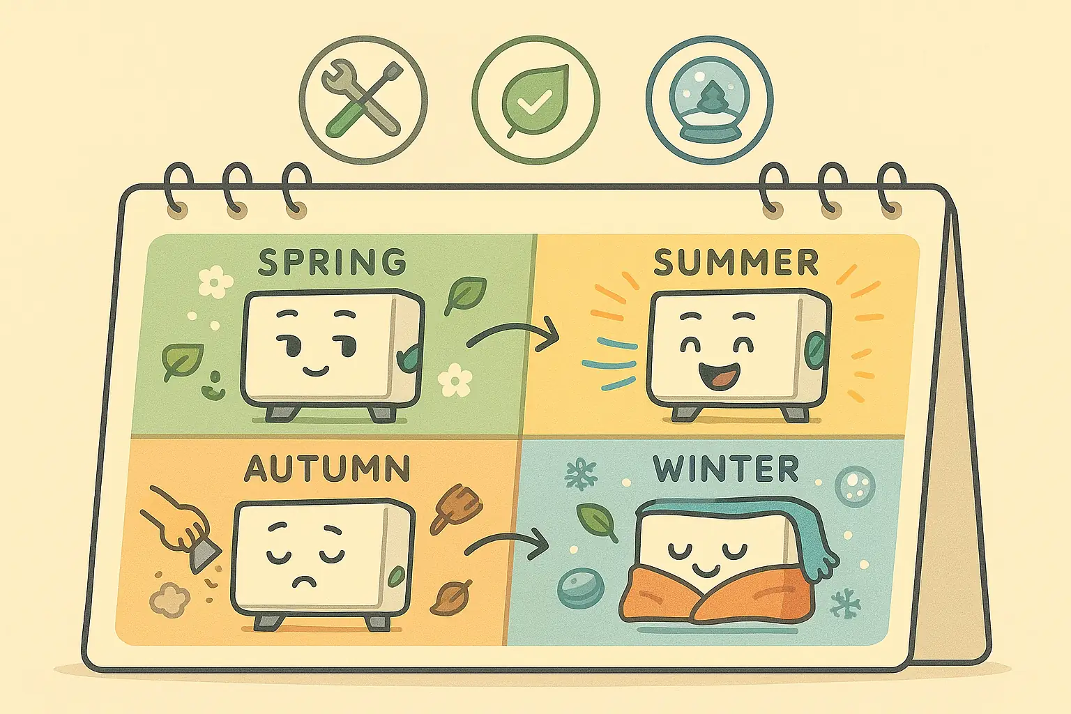 사계절 동안 다양한 표정으로 등장하는 팀 버튼 스타일 에어컨 캐릭터 달력 일러스트