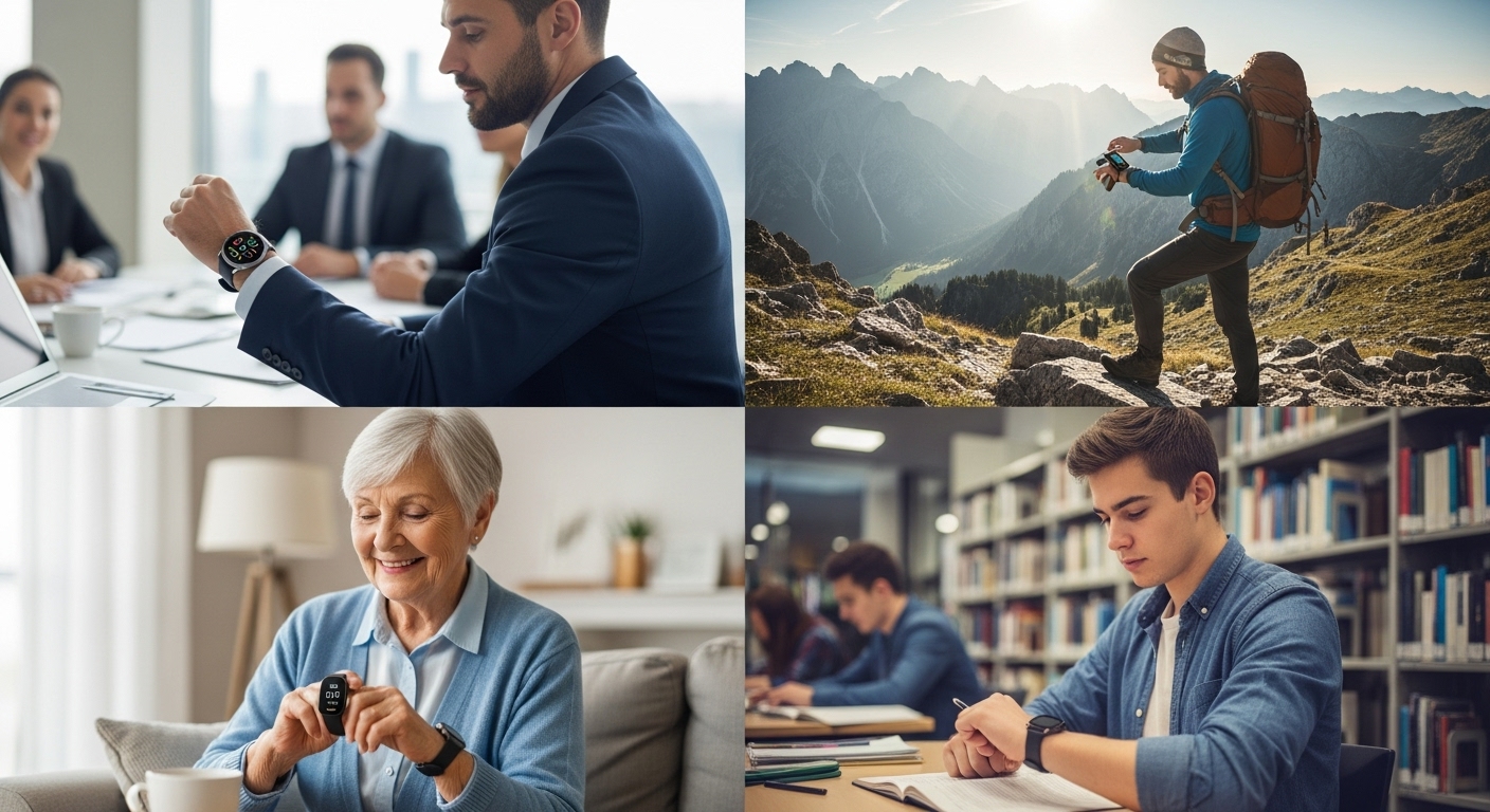 다양한 라이프스타일에 맞춰 스마트워치와 헬스 트래커를 활용하는 사람들.