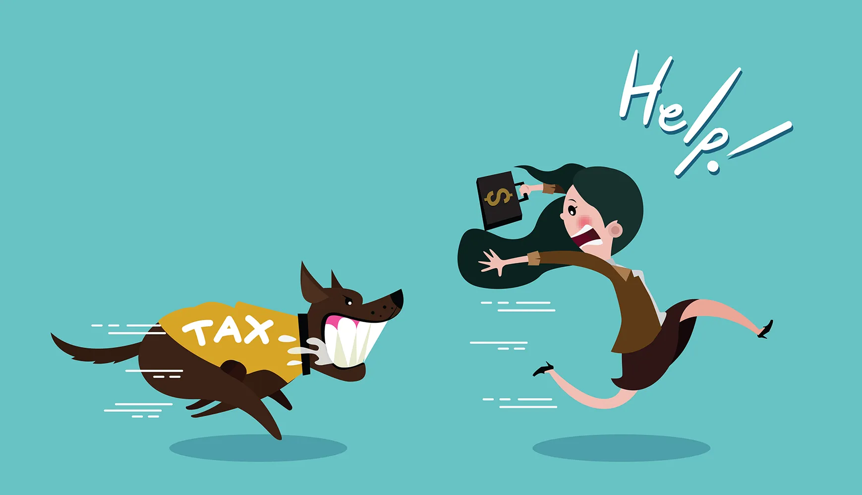 세금을 사나운 개로 표현하고 개를 피해 도망하는 사람 일러스트