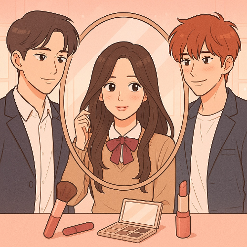 20대 여성이 화장대 앞에서 화장을 하고 있는 모습을 양쪽 남성들이 사랑스러운 눈빛으로 바라보고 있는 모습