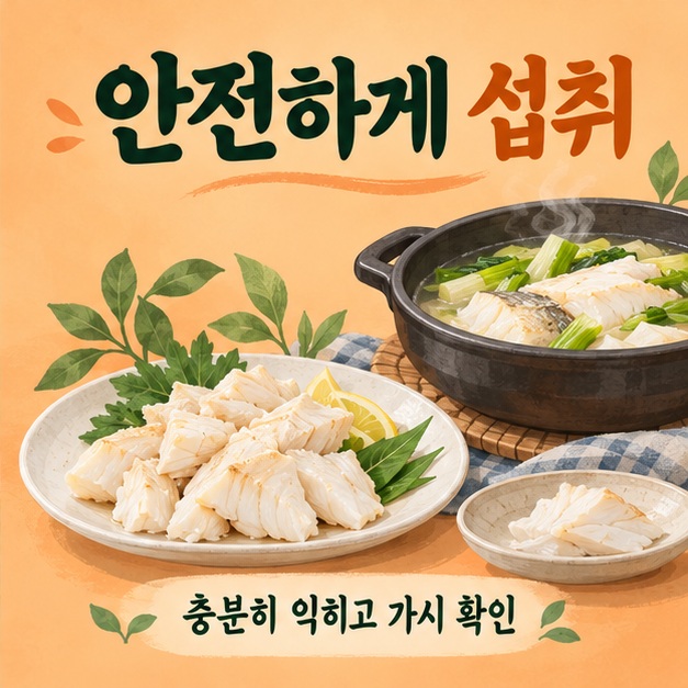 충분히 익힌 생선 조각과 조리 냄비로 표현한 안전한 섭취와 가시 확인