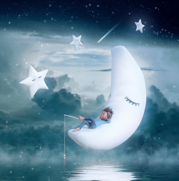 초승달 위에 누워 있는 아이의 모습