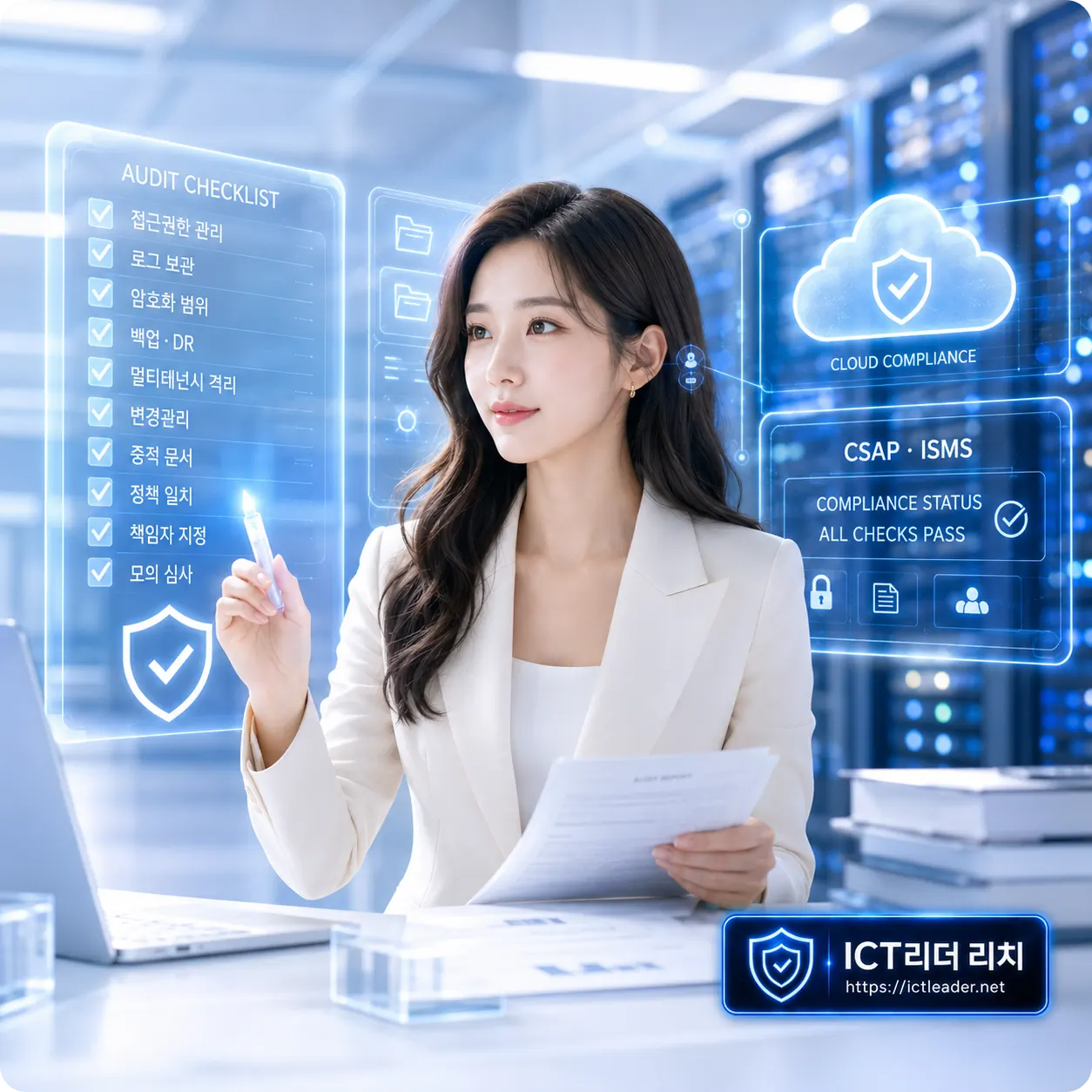 CSAP ISMS 클라우드 보안 인증 심사를 준비하는 여성 보안전문가 대표 썸네일 이미지