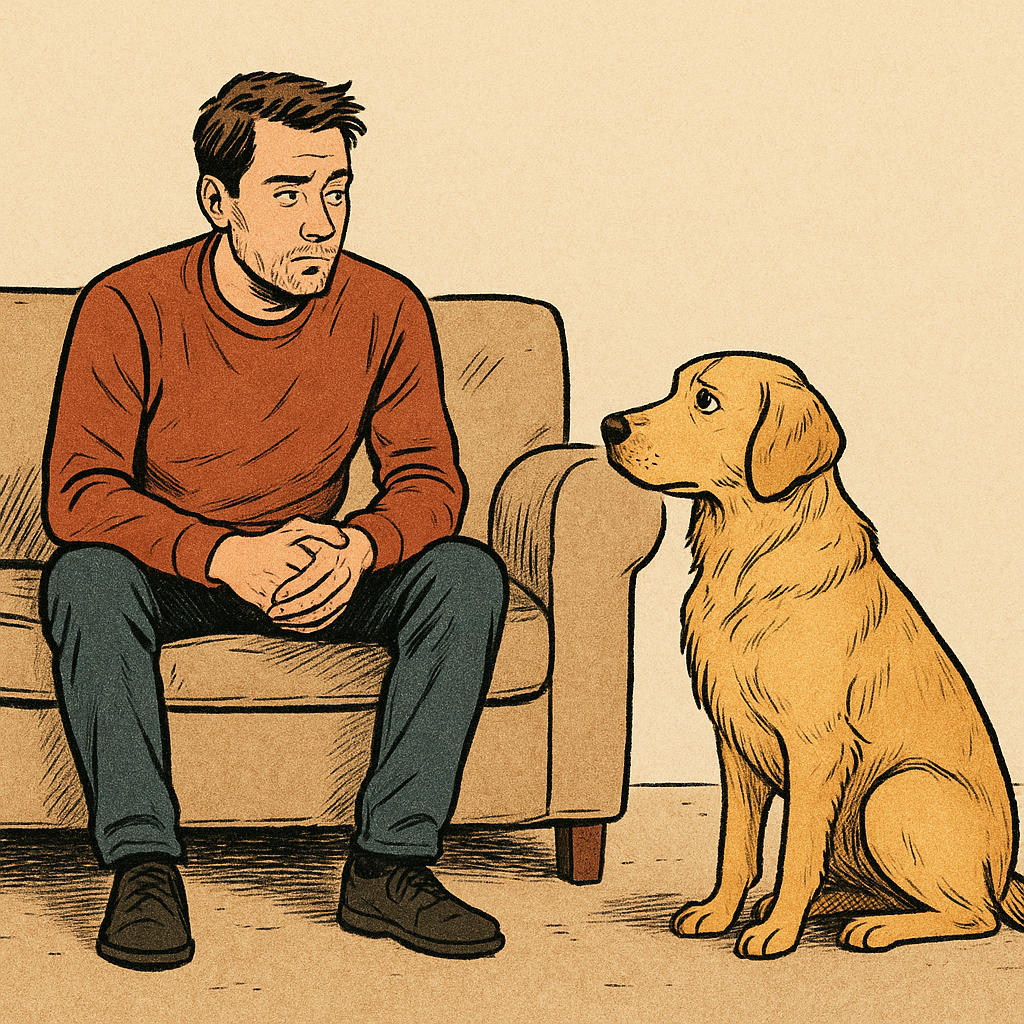 소파에 앉아 있는 젊은 남성. 거리를 두고 바닥에 앉아 있는 리트리버. 서로 앞을 보는 자세지만 곁눈질로 서로를 처다보는 모습.