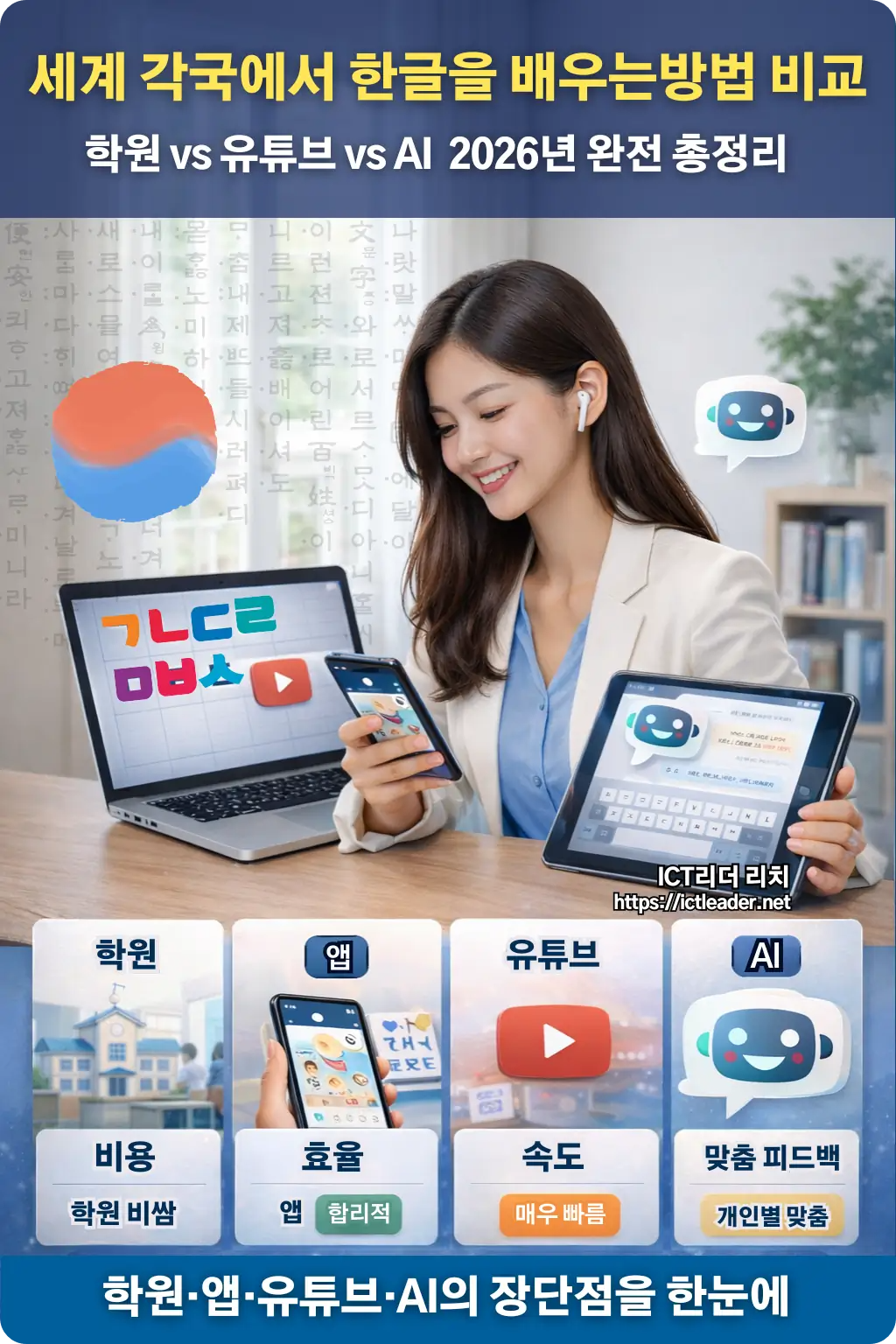 세계 각국에서 한글을 배우는 방법 비교 인포그래픽, 학원 앱 유튜브 AI 튜터 한글 학습 방법 장단점 비교