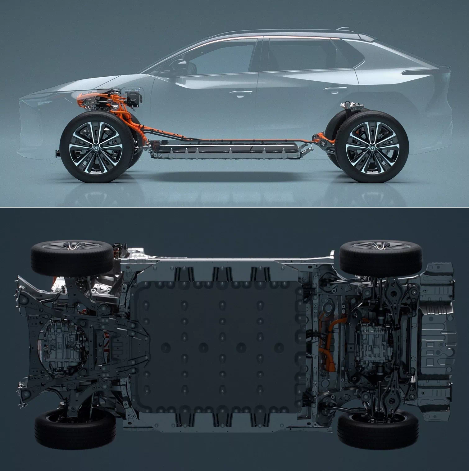 토요타 bZ4X 프로토타입 하체 구성을 한 컷에 모았습니다.