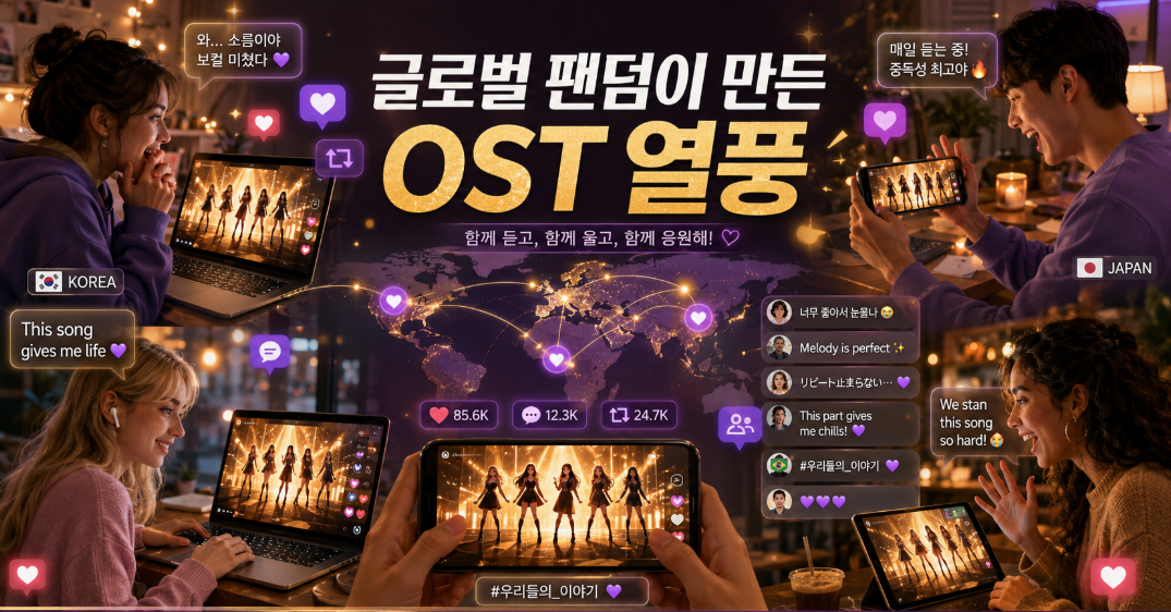 글로벌 팬덤이 KPop Demon Hunters Golden OST 열풍을 확산시키는 모습을 표현한 이미지