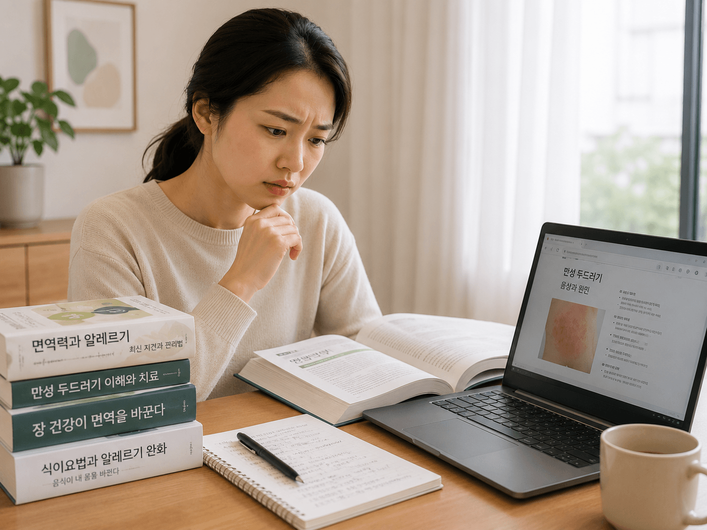 책과 노트북으로 건강 정보를 찾아보는 모습