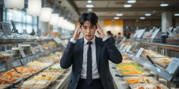  뷔페 앞에서 메뉴 선택에 고민하는 장면으로 키토제닉과 외식의 충돌을 겪는 모습