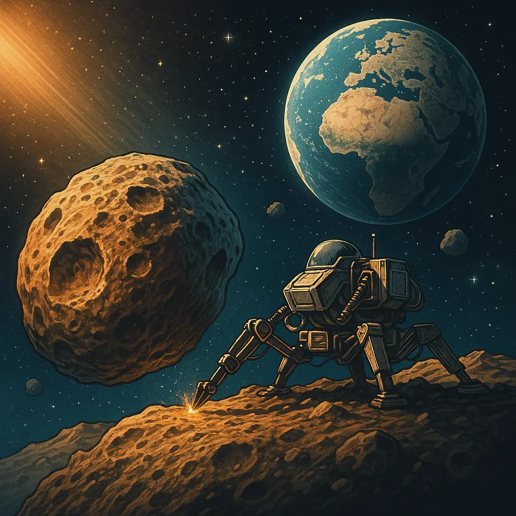 소행성 자원 채굴 로봇과 지구가 배경으로 보이는 우주 일러스트