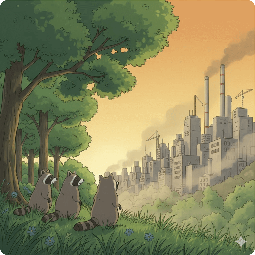 alt="숲 가장자리에 서 있는 너구리들이 회색 도시를 바라보는 장면. 자연과 개발의 충돌, 그리고 공존의 메시지를 담은 일러스트."