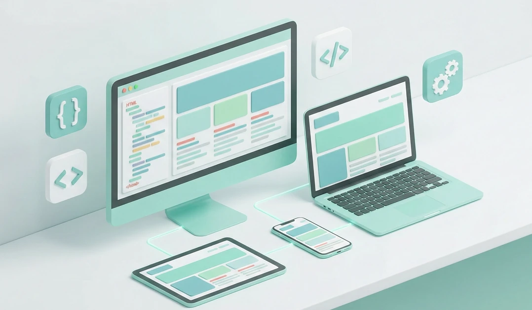 데스크톱, 노트북, 태블릿, 스마트폰 화면에 각기 다른 크기로 최적화된 반응형 웹 레이아웃이 표시되어 있고, 이들이 서로 연결된 모습을 보여주는 3D 아이소메트릭 일러스트입니다. 화면 옆으로 코딩 기호와 설정 아이콘이 떠다니며 전문적인 웹 개발 환경을 상징합니다.