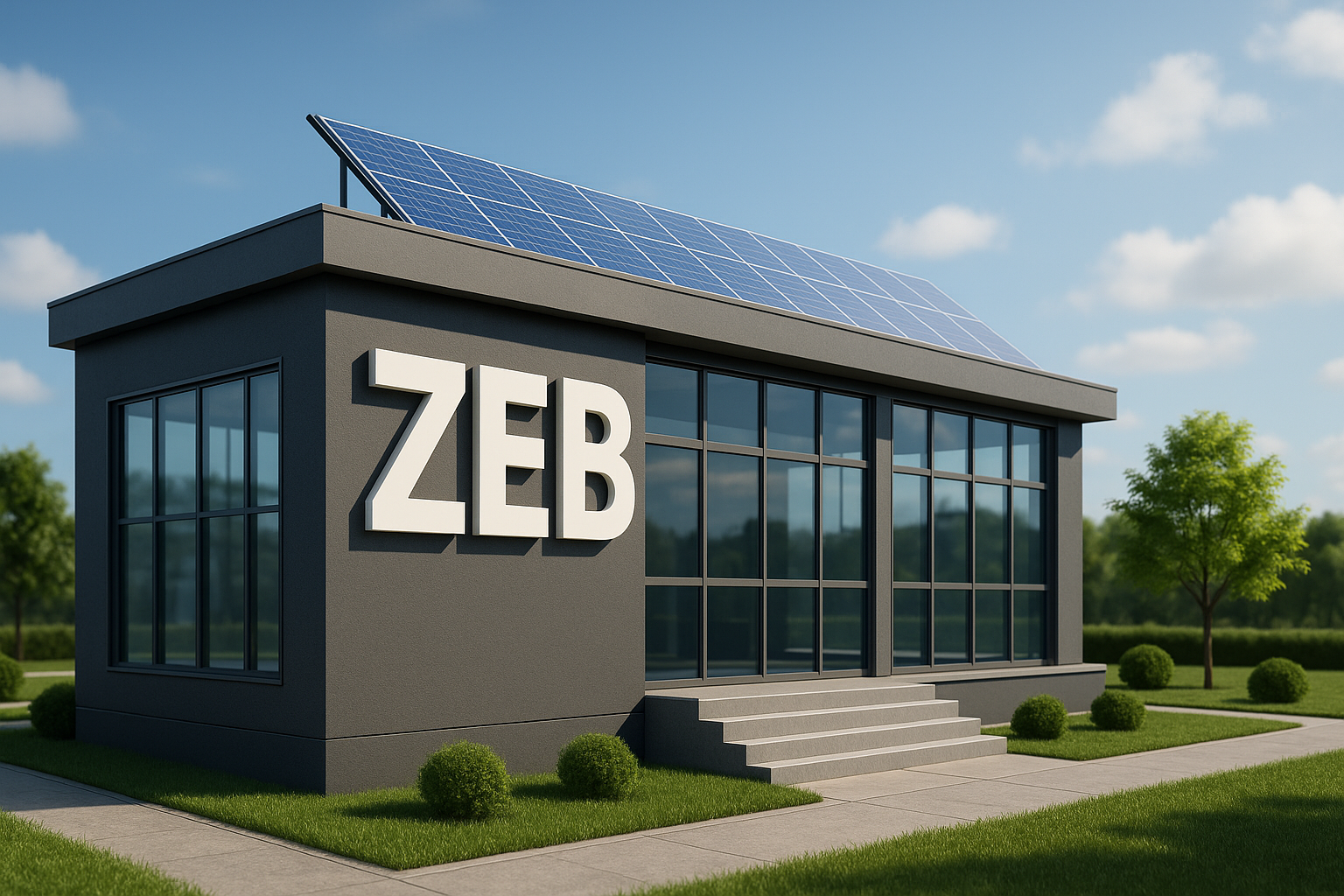 제로에너지건물을 형상화한 건물에 태양광 패널과 ZEB 텍스트가 포함된 그림