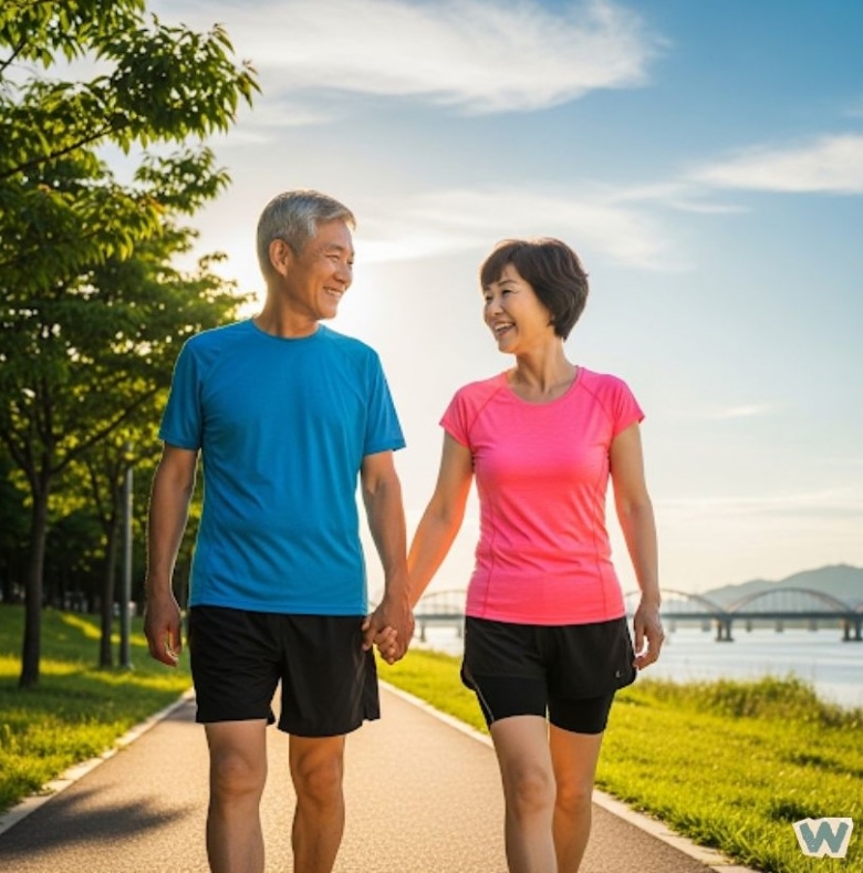 중년 부부가 햇빛 아래 강변 산책로에서 손을 잡고 걷는 모습 via canva