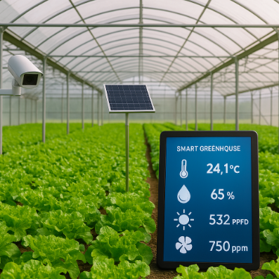 자동화 장비와 태양광 패널, 모니터가 설치된 스마트 온실 내부의 상추 재배 모습