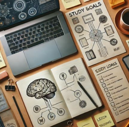 자기주도 학습을 표현한 이미지; 정리된 책상, 디지털 마인드맵, 체크리스트 등 포함