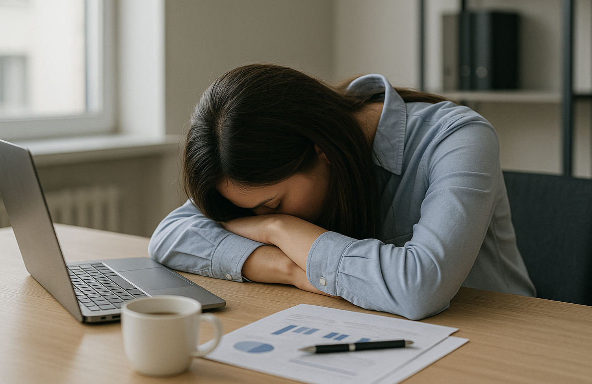 사무실 책상에 앉아 휴식을 취하는 여성 사진