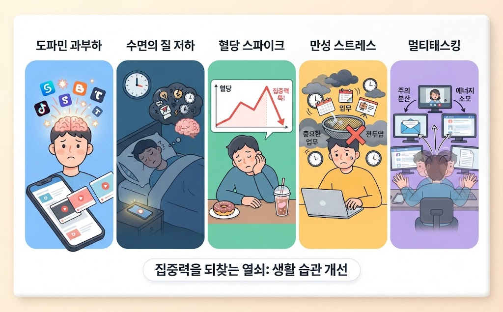 "집중력이 떨어지는 5가지 주요 원인: 도파민 과부하, 수면의 질 저하, 혈당 스파이크, 만성 스트레스, 멀티태스킹을 나타내는 삽화와 이를 개선하기 위한 생활 습관 안내 이미지"