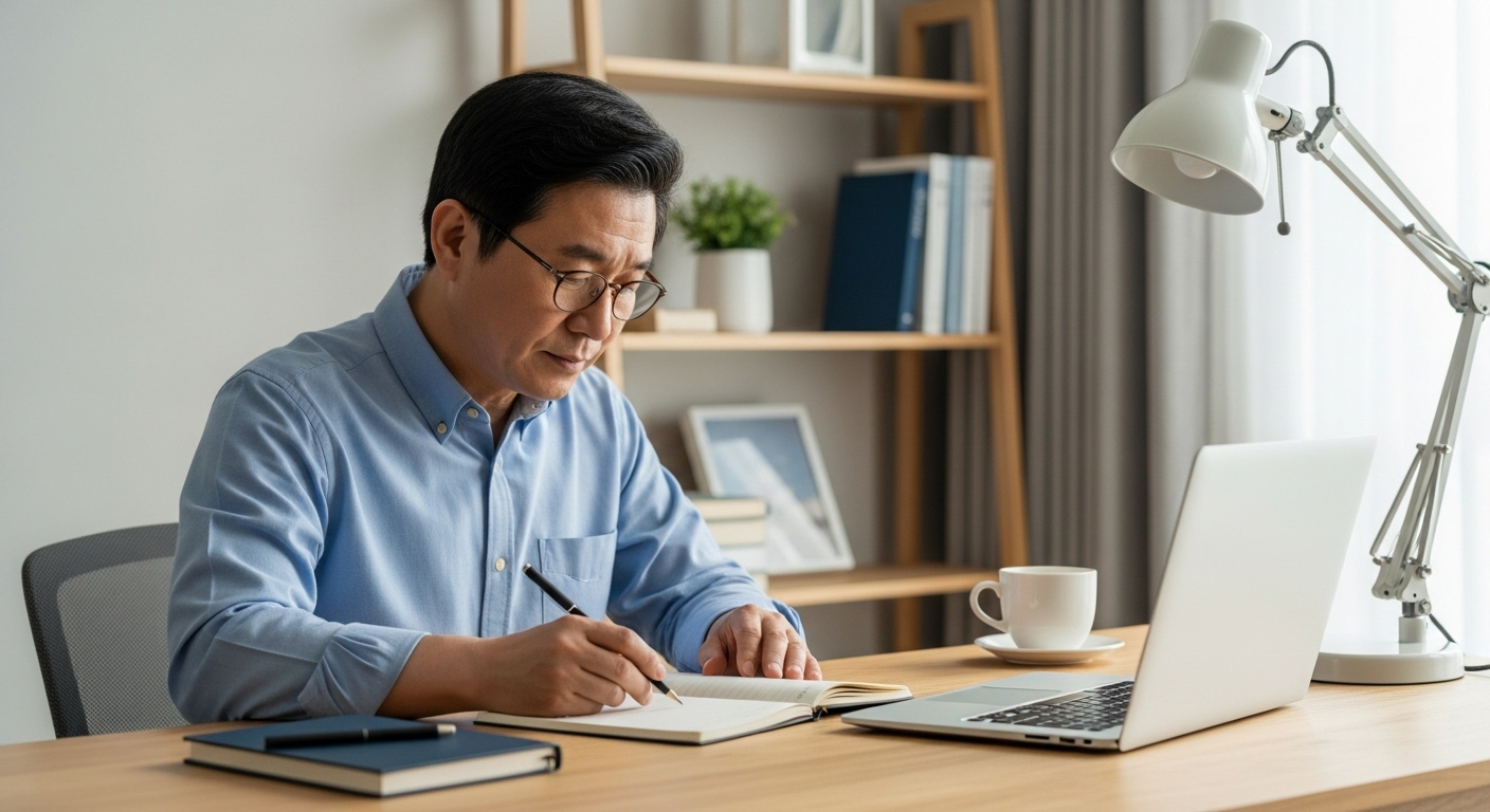 디지털 루틴을 노트에 정리하는 남성