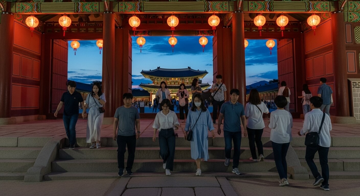 붉은 등불 아래 궁궐 정문을 지나 입장하는 관람객