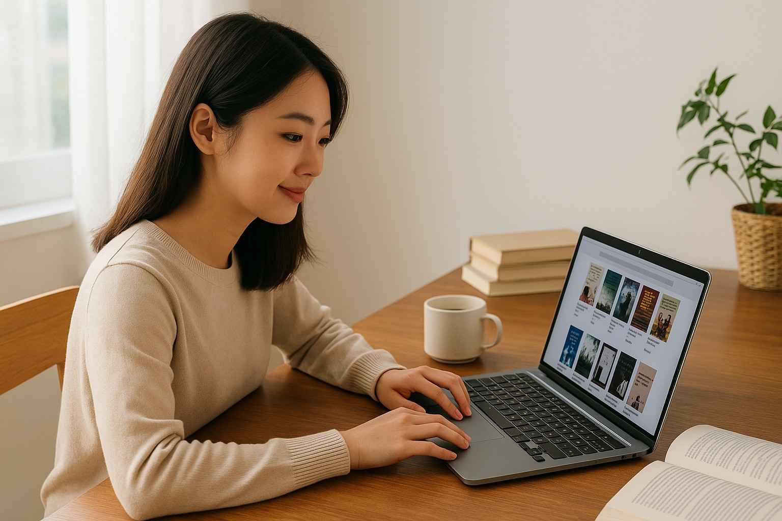 노트북으로 전자책을 고르는 젊은 여성, 커피잔과 책이 있는 따뜻한 분위기의 책상 위 장면