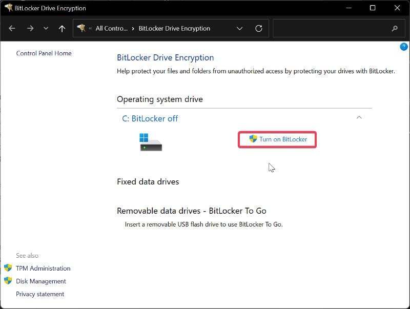BitLocker 실행 화면
