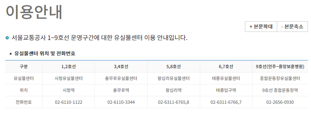 서울교통공사 유실물센터 위치 및 전화번호