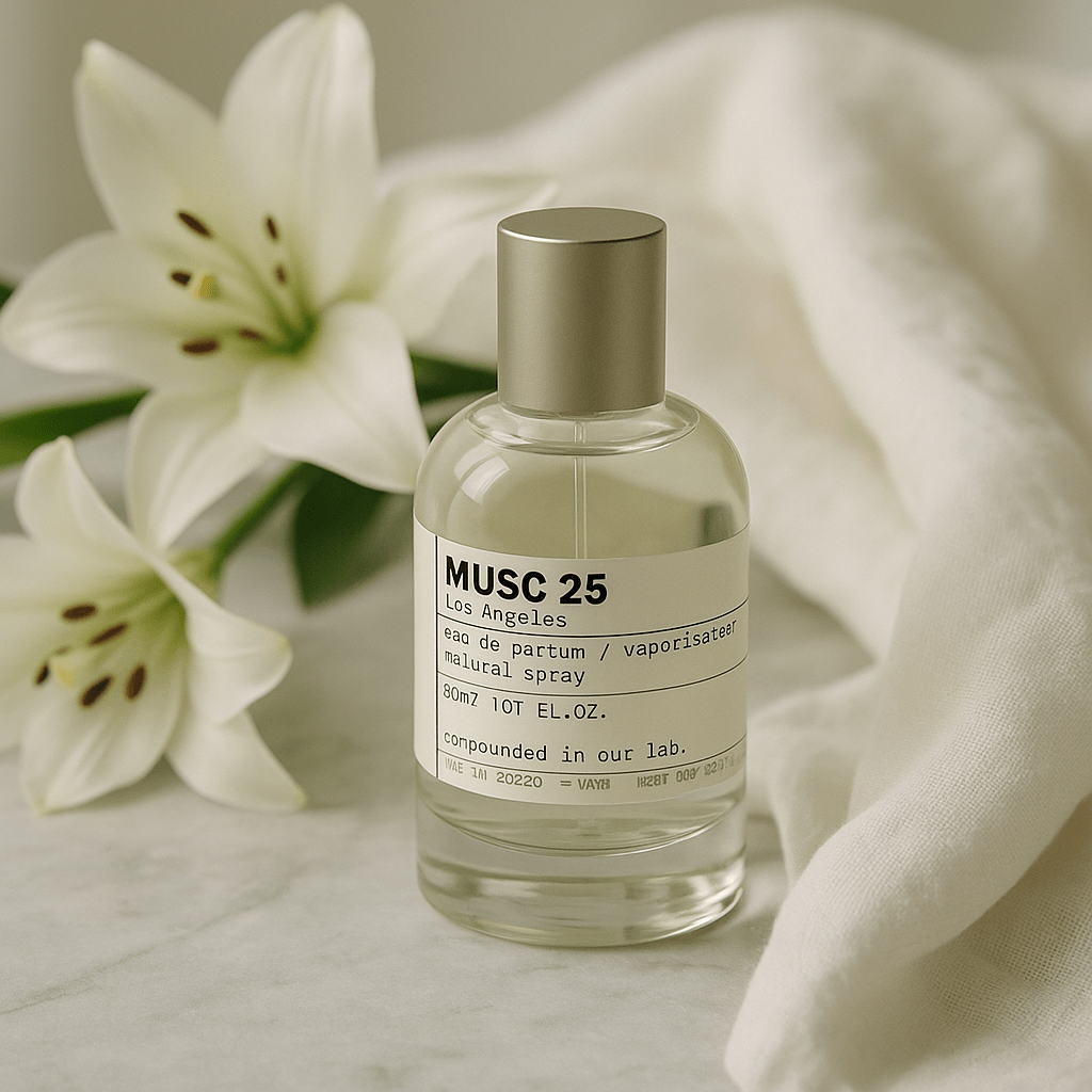 르라보 머스크 25 향수병이 대리석 테이블 위에 놓여 있으며, 주변에는 흰 백합과 부드러운 면 천이 함께 배치되어 깨끗하고 순수한 분위기를 연출한다.