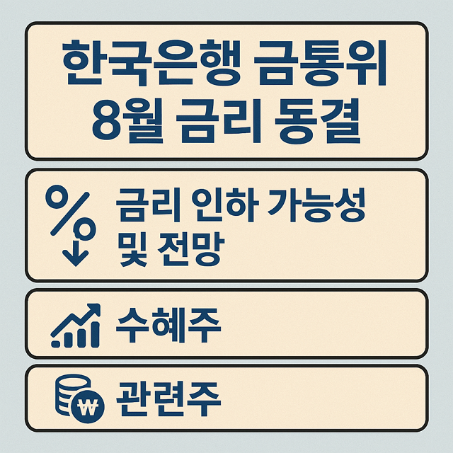 한국은행 금통위 8월 금리 동결, 금리 인하 언제? 가능성 및 전망, 수혜주, 관련주
