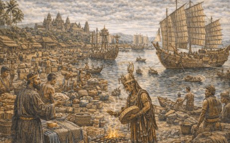 고대 캄보디아 푸놈 문명의 항구 도시에서 대형 범선과 상인들이 모여 해상 무역을 수행하는 모습
