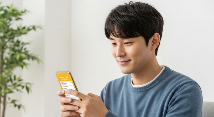 밝은 톤의 재산세 계산기 앱을 사용하는 청년