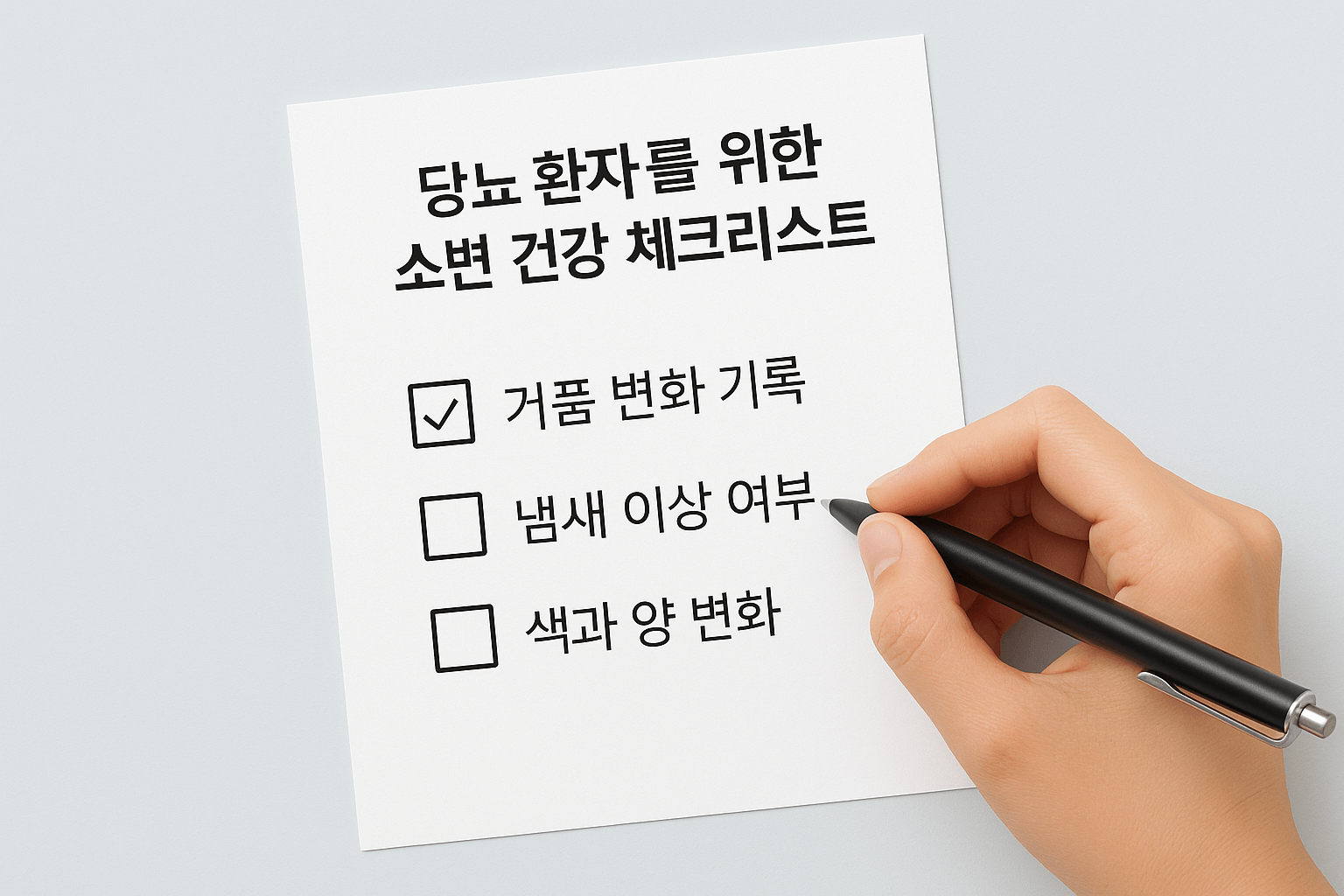 손이 '당뇨 환자를 위한 소변 건강 체크리스트'에 기록하며 항목들을 확인하는 모습.