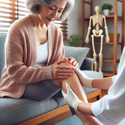 60대 여성이 무릎 물리치료를 받고 있다.