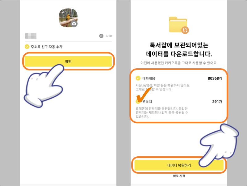 프로필 확인 후 데이터 선택 및 복원 시작하기