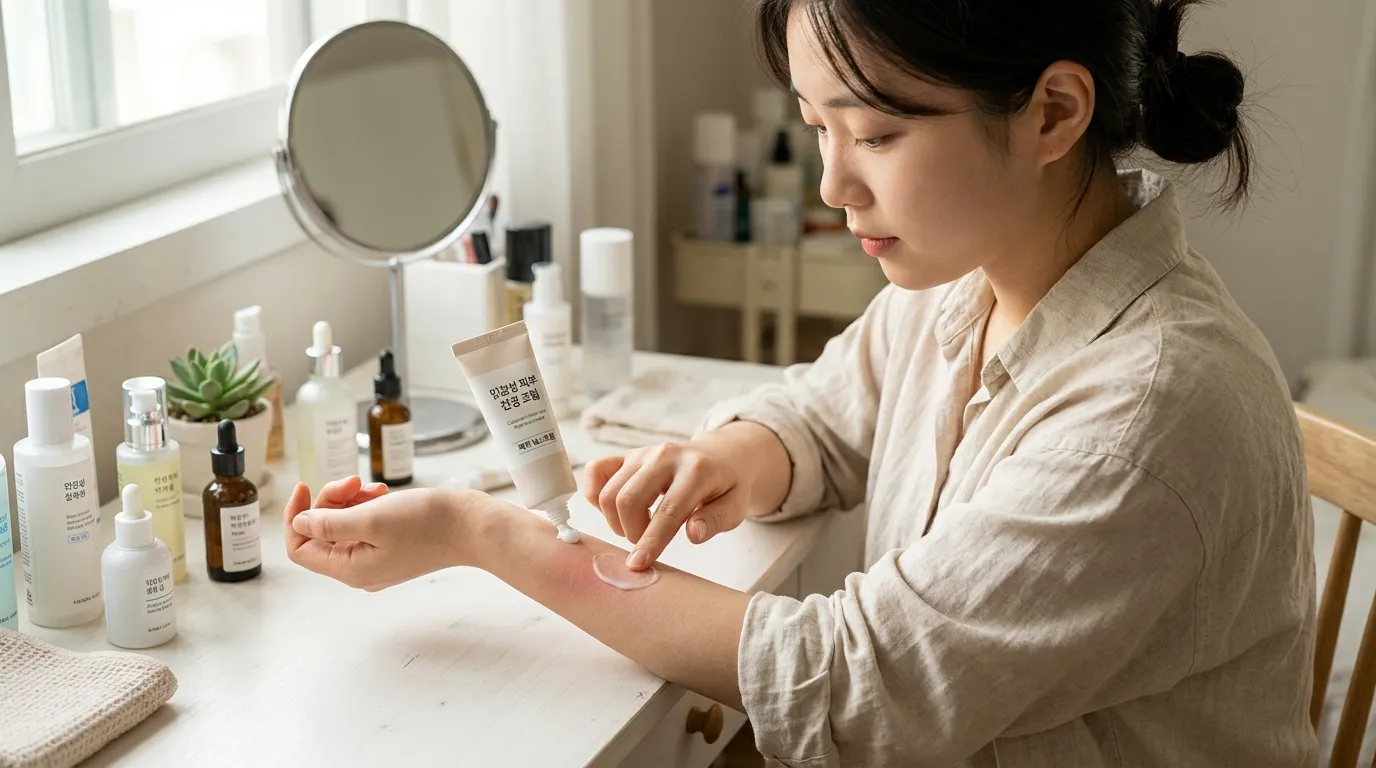 민감성 피부 크림을 작은 부위에 먼저 테스트하는 장면