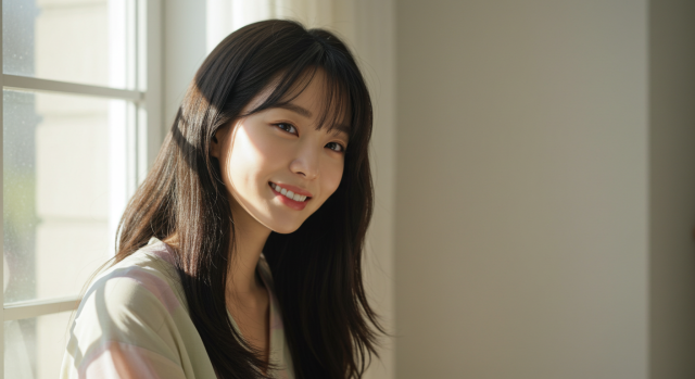 따뜻한 햇살 속에서 미소 짓는 한국인 여성