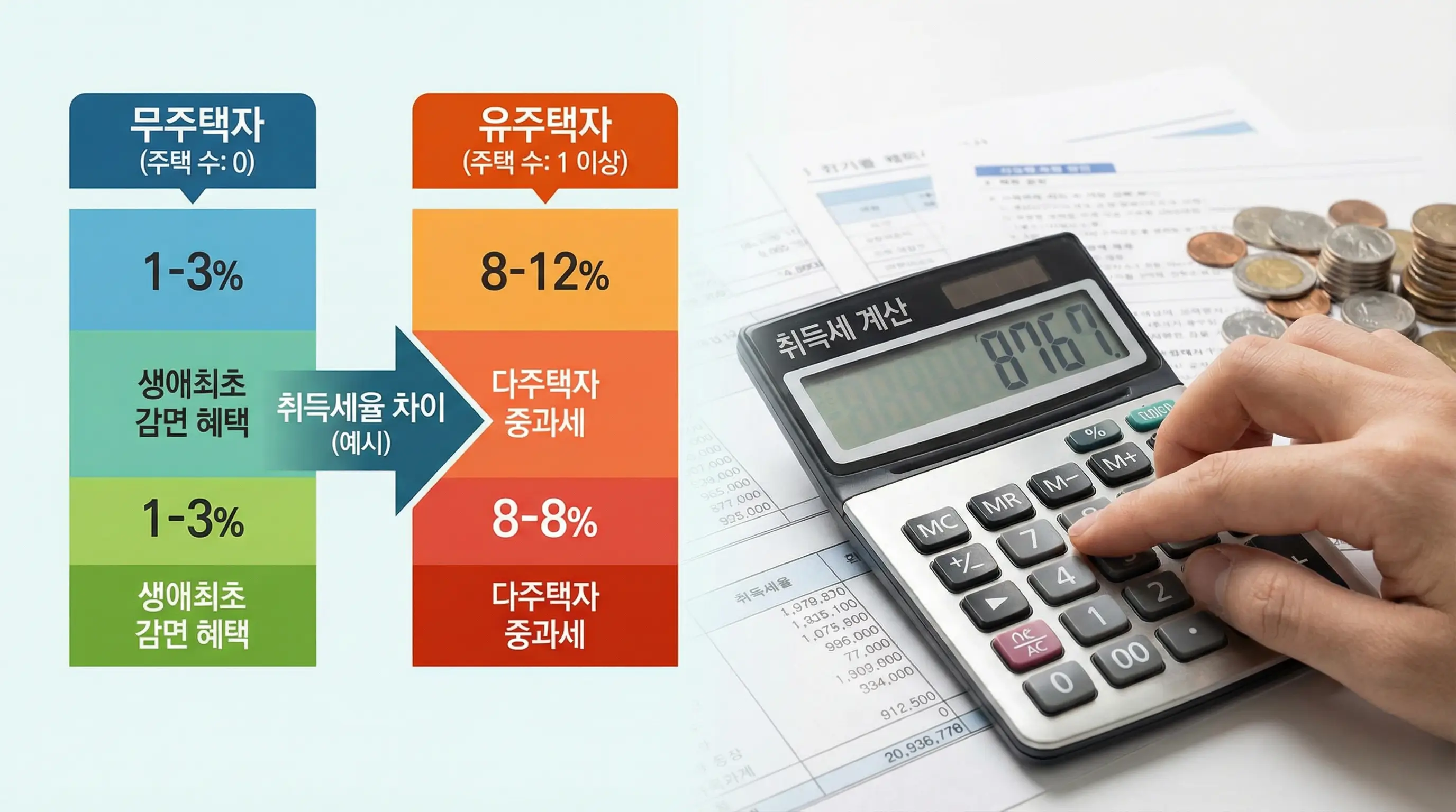 무주택자와 유주택자의 취득세율 차이를 비교하는 인포그래픽과 계산기를 두드리는 손