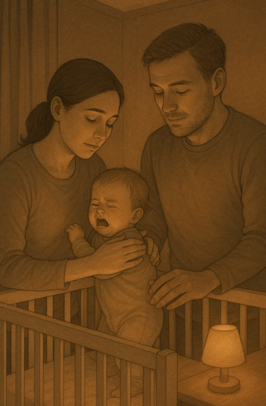 밤에 깨어 운 아기를 토닥이며 재우는 부모의 모습